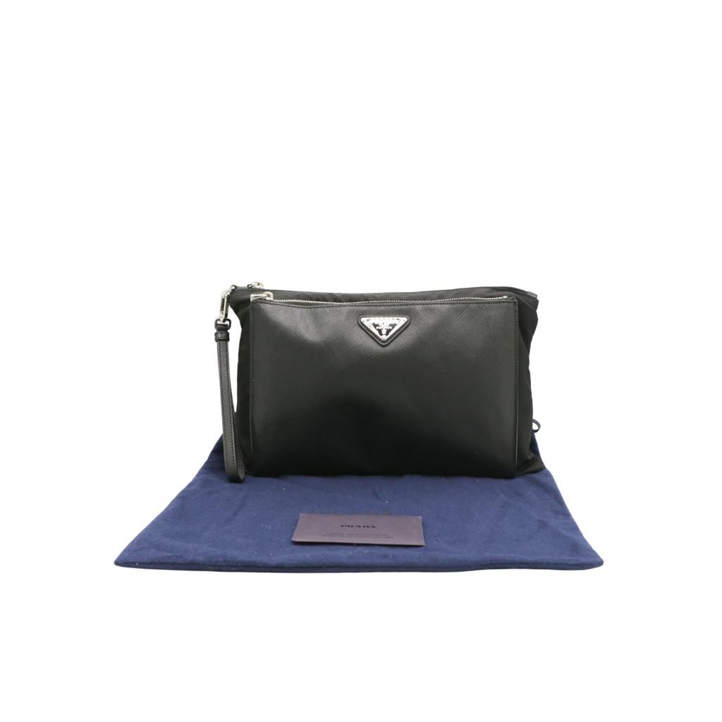 [Prada-26557] Prada Saffiano & Nylon Triangle Logo Pouch 2NH019