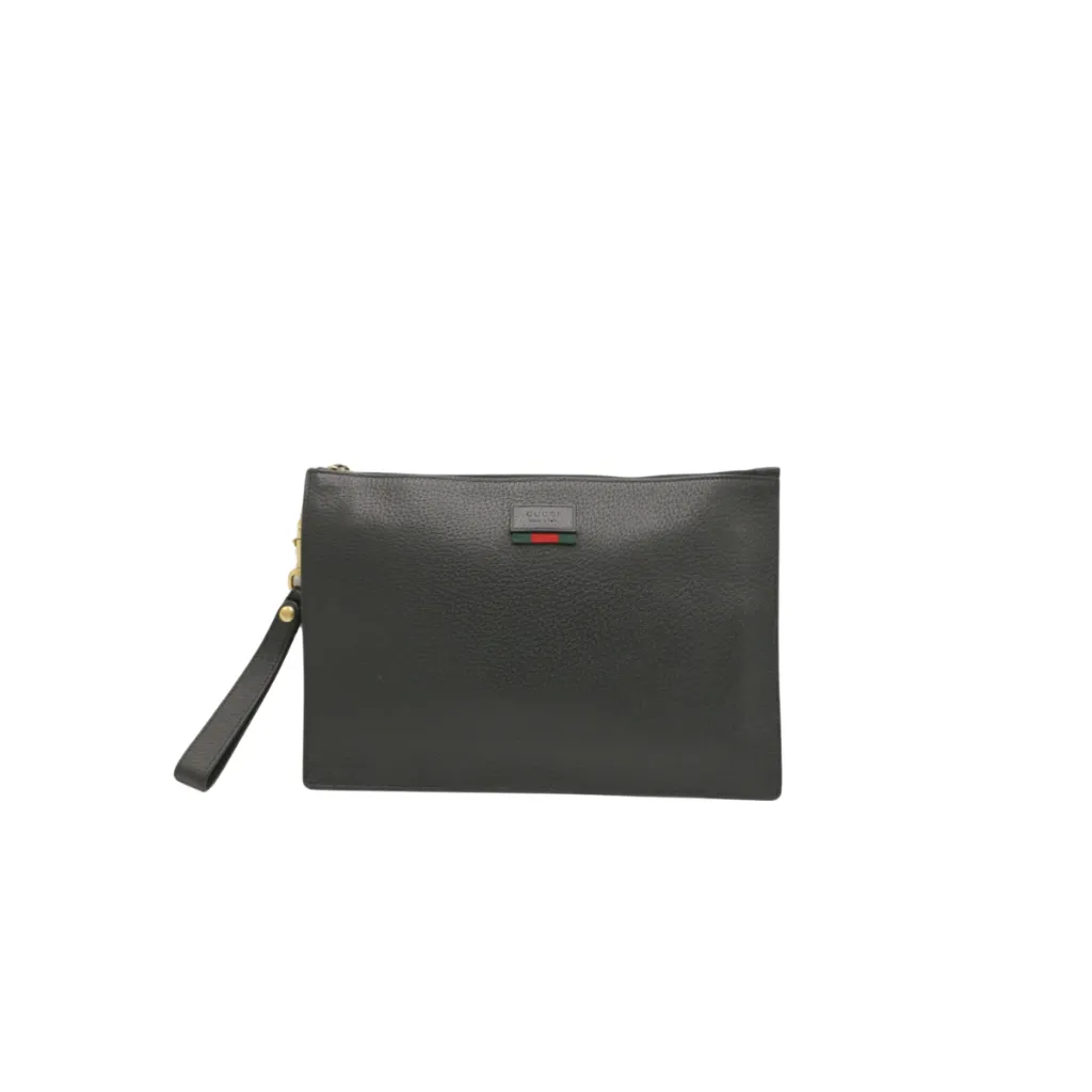 [Gucci-27040] Gucci  Agora Web Leather Pouch Clutch Bag Black 428758