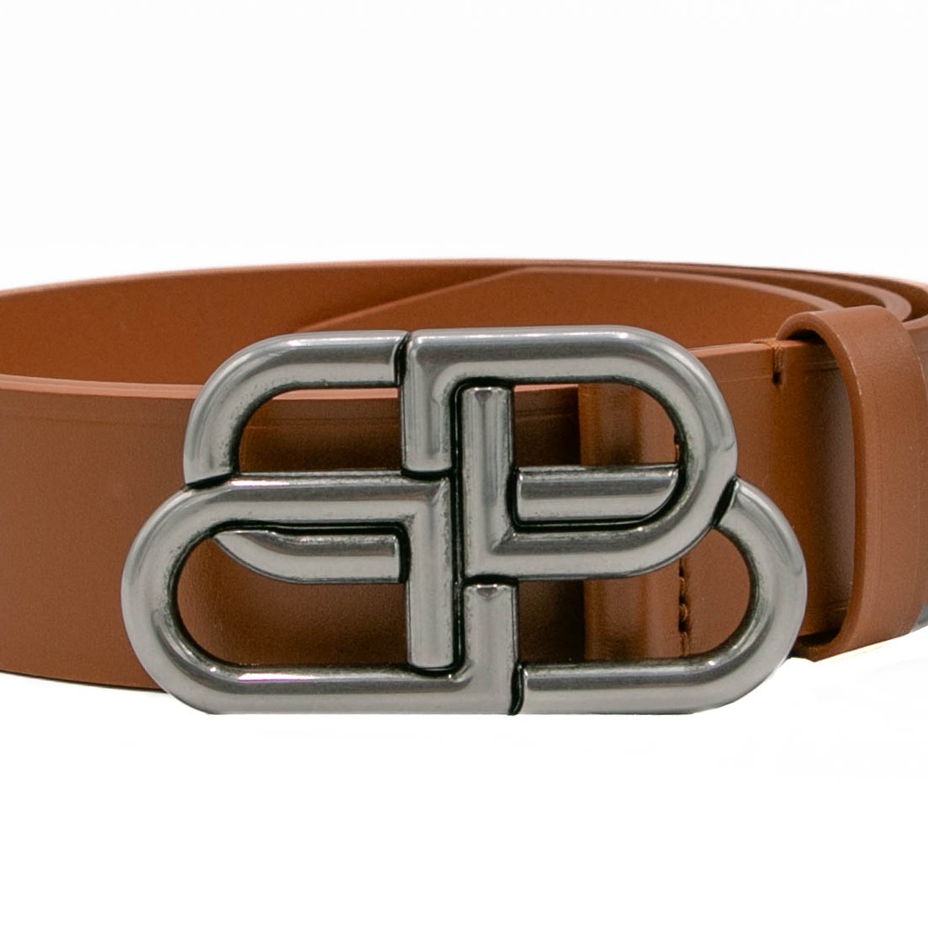 Balenciaga Women's BB Thin Belt In Brown Calfskin And Silver Buckle In Size 90