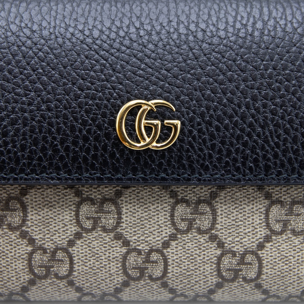 Gucci GG Marmont Leather Continental Wallet Beige and ebony GG Supreme canvas 456116