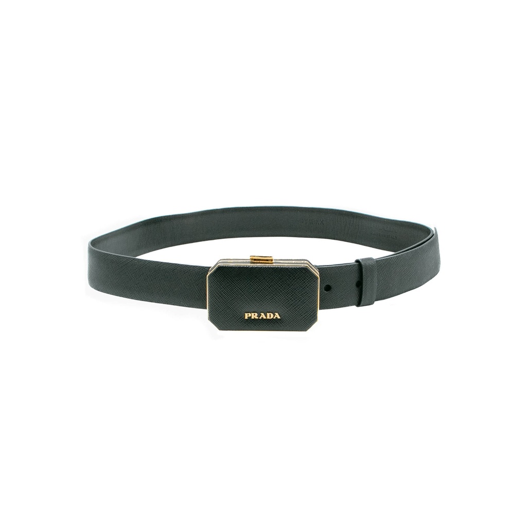 Prada Saffiano Lux Leather Belt Octagon Logo Black