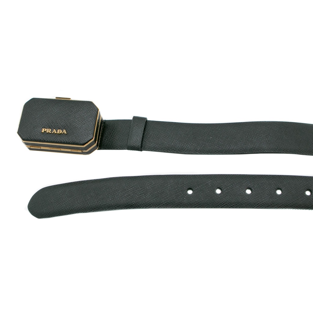Prada Saffiano Lux Leather Belt Octagon Logo Black