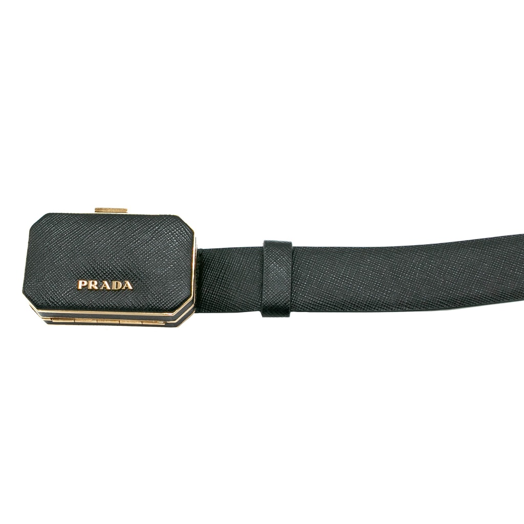 Prada Saffiano Lux Leather Belt Octagon Logo Black