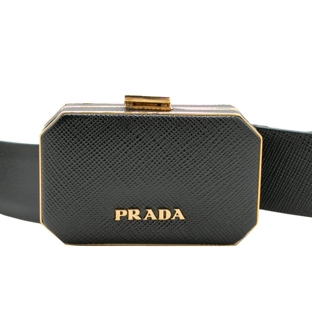 Prada Saffiano Lux Leather Belt Octagon Logo Black