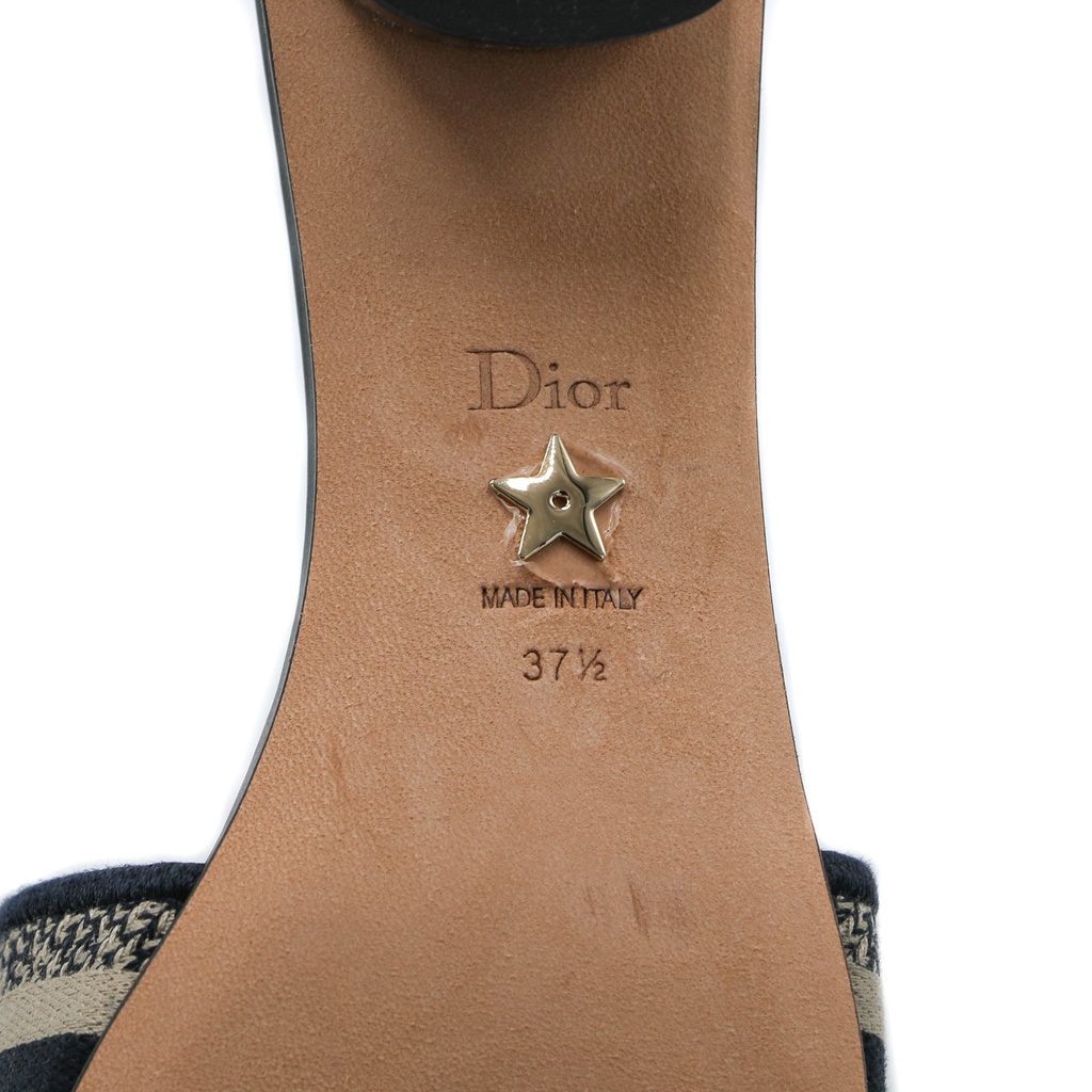 Christian Dior Dway Heeled Slide Deep Blue Embroidered Cotton Size 37 1/2