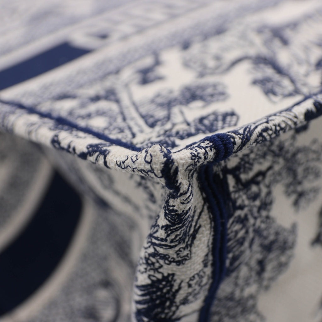 Christian Dior Medium Ecru and Blue Toile de Jouy Embroidery Book Tote 