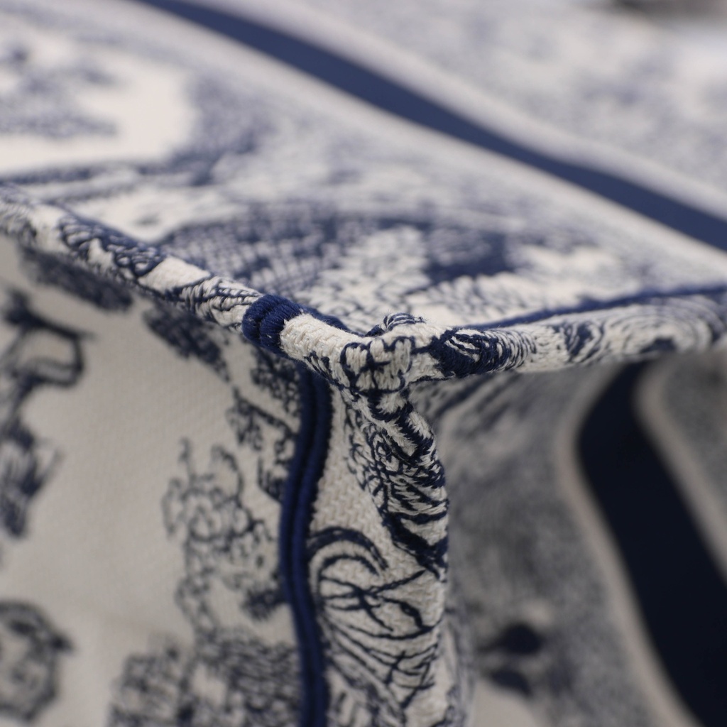 Christian Dior Medium Ecru and Blue Toile de Jouy Embroidery Book Tote 