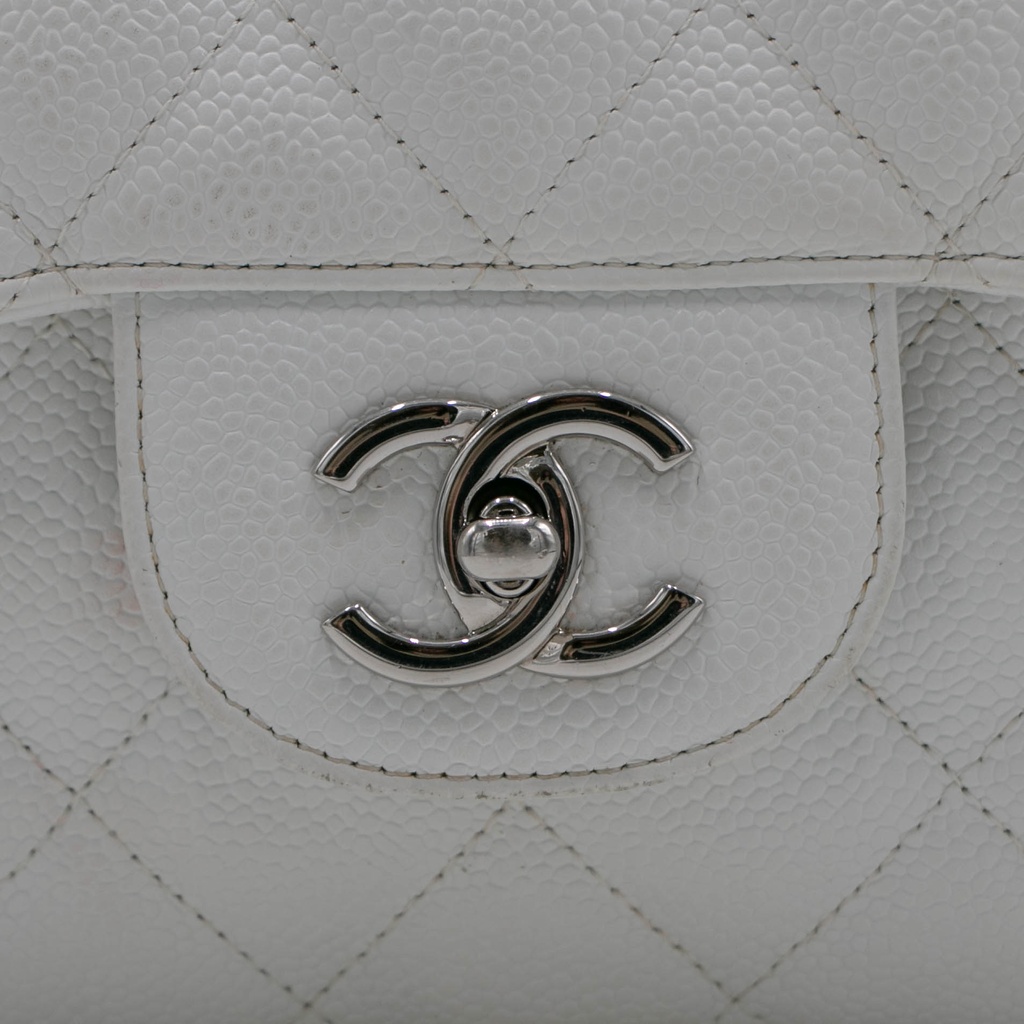 Chanel Quilted Caviar Skin Classic Single Flap Jumbo White