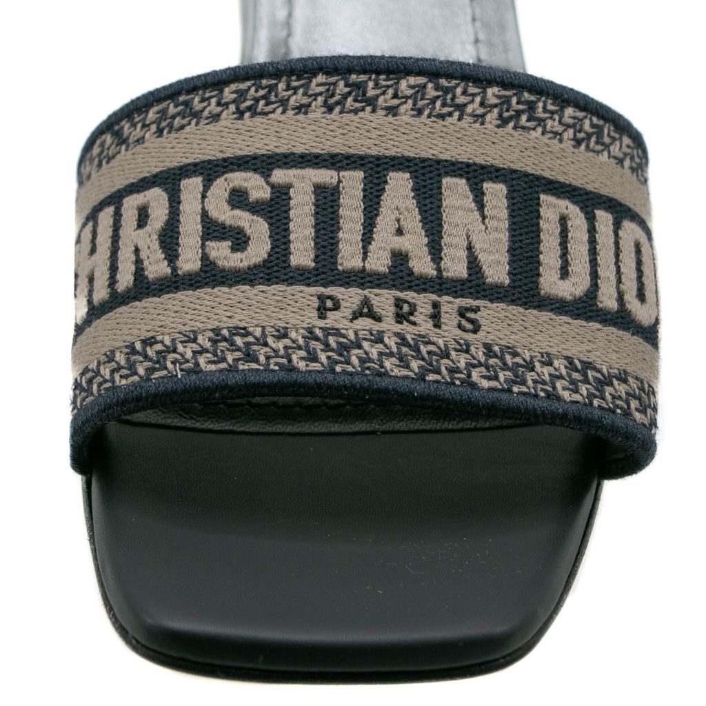 Christian Dior Dway Heeled Slide Dark Blue Embroidered Cotton Size 39