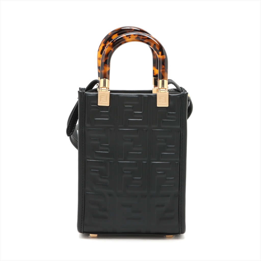 Fendi Zucca Sunshine Shopper Small Leather 2 Way Handbag Black 8BS051