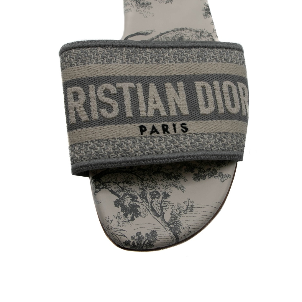Christian Dior Dway Slide Gray Embroidered Cotton and Toile de Jouy Motif Size 37 1/2
