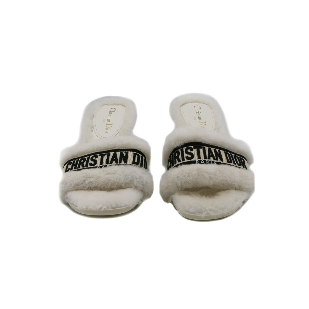 Christian Dior Dway Heeled Slide White Embroidered Cotton and Shearling Size 38