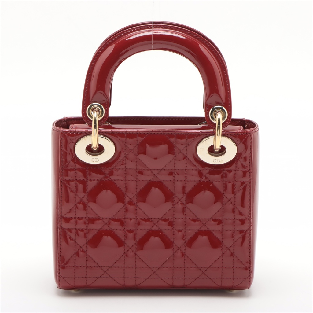 Christian Dior Lady Dior Cannage Patent Leather Handbag Red