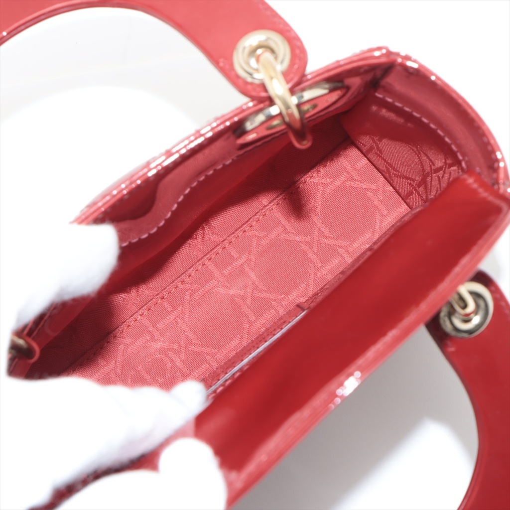 Christian Dior Lady Dior Cannage Patent Leather Handbag Red