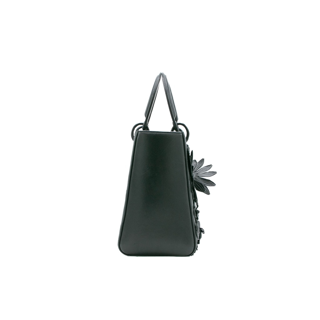 Christian Dior Matte Calfskin Flower Embellished Medium Lady Dior Black