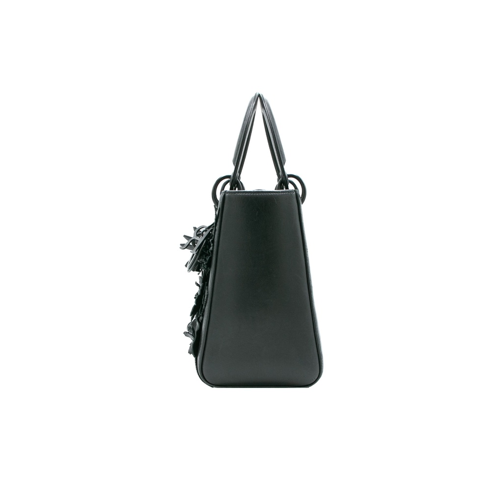 Christian Dior Matte Calfskin Flower Embellished Medium Lady Dior Black