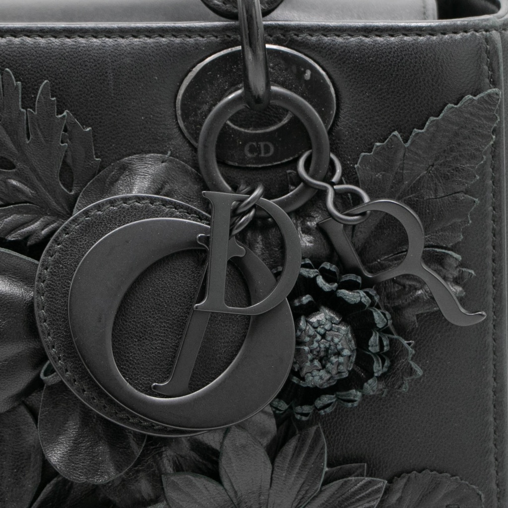 Christian Dior Matte Calfskin Flower Embellished Medium Lady Dior Black