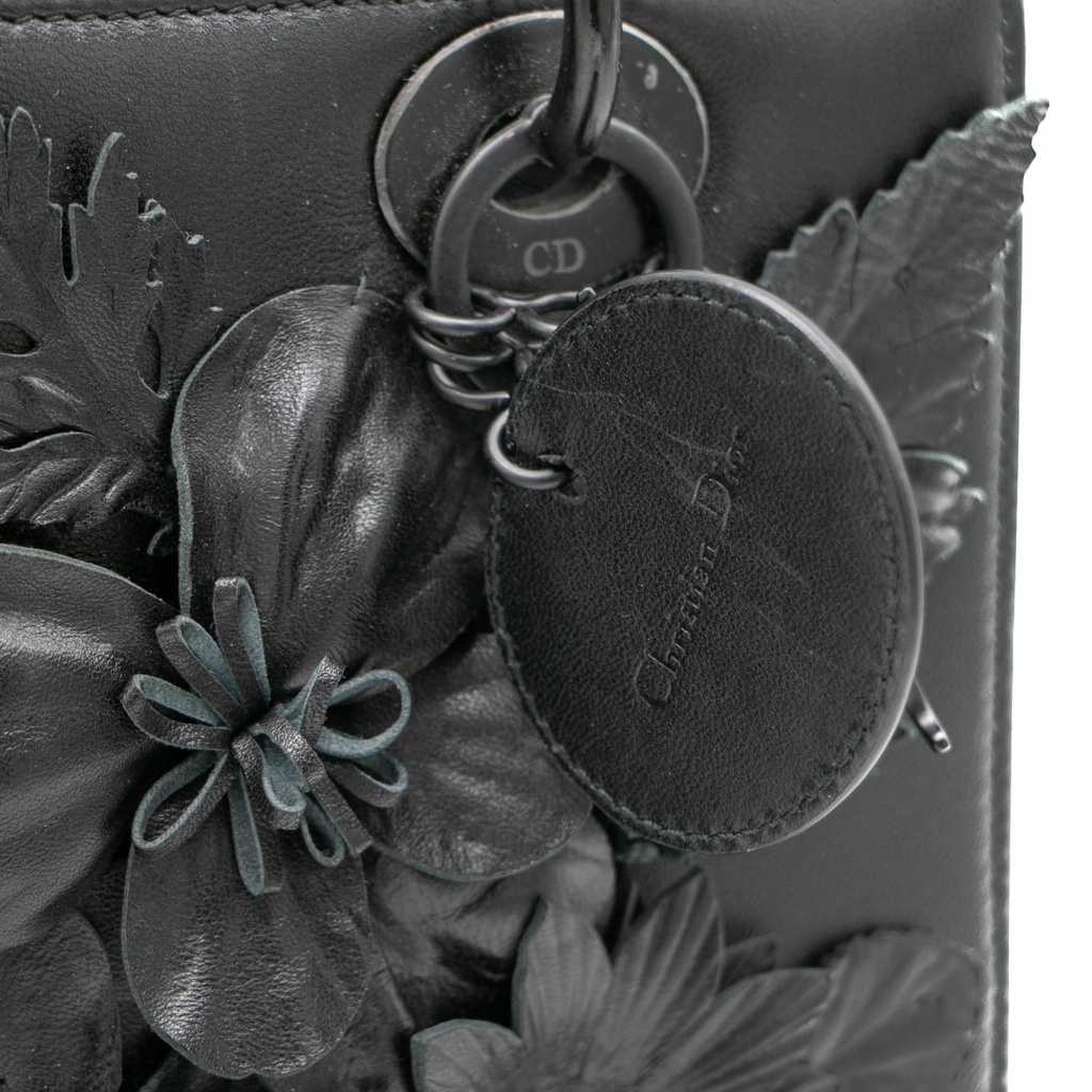 Christian Dior Matte Calfskin Flower Embellished Medium Lady Dior Black