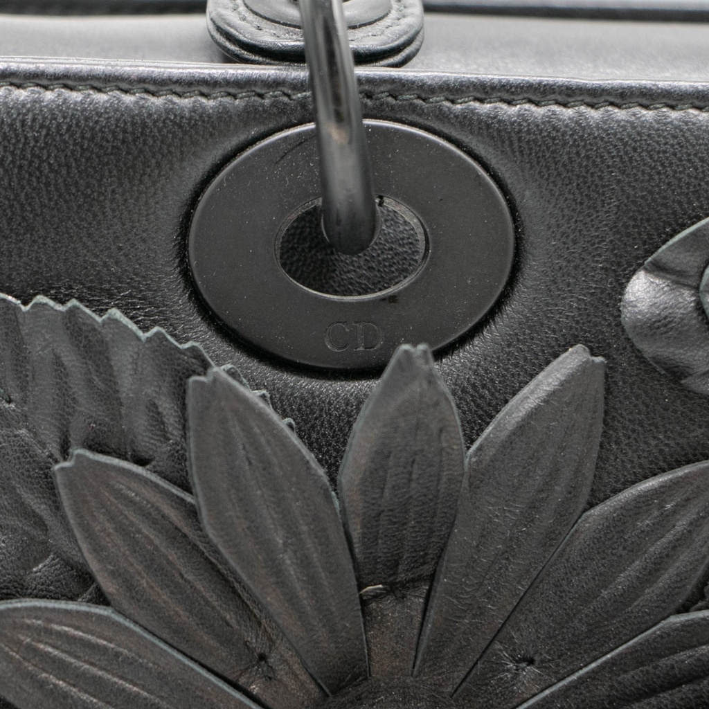 Christian Dior Matte Calfskin Flower Embellished Medium Lady Dior Black