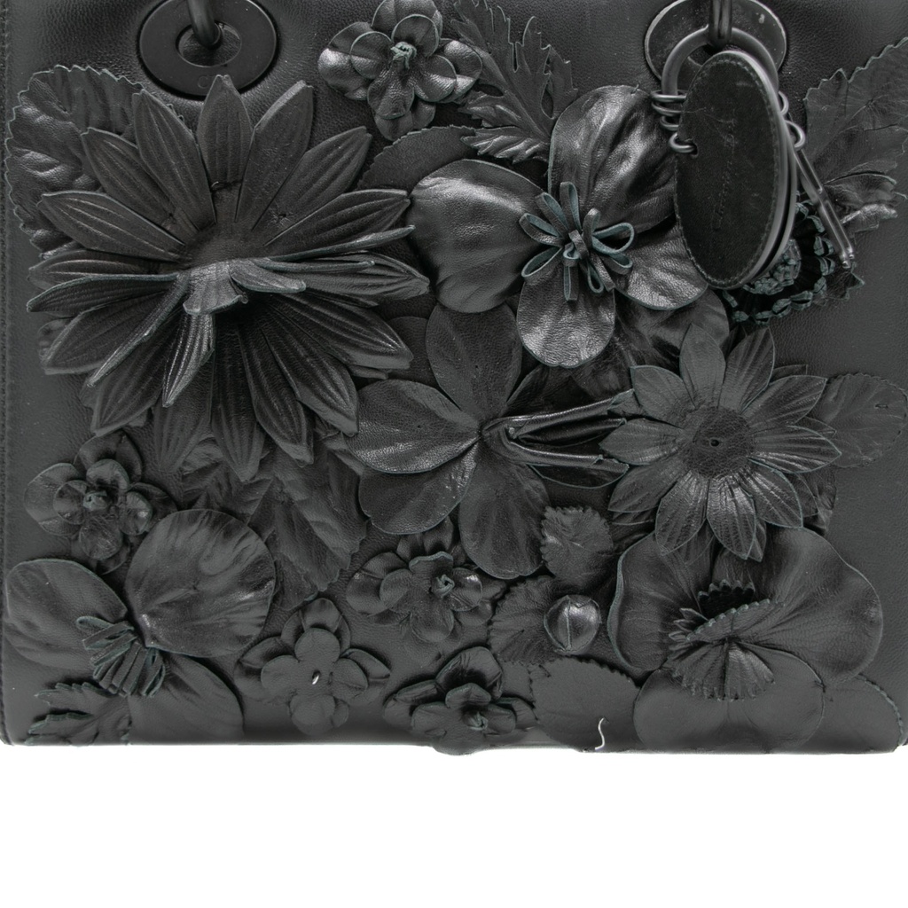 Christian Dior Matte Calfskin Flower Embellished Medium Lady Dior Black