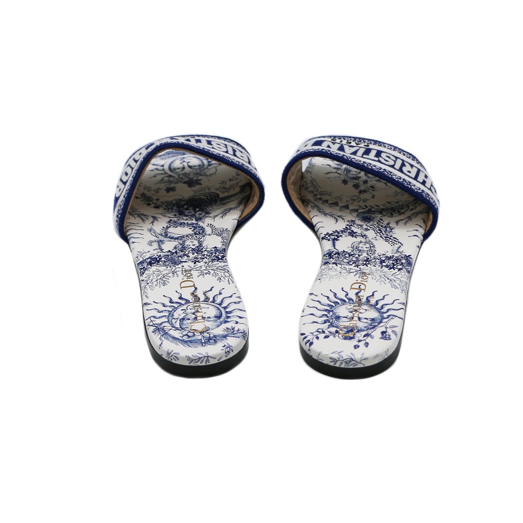 Christian Dior Dway Slide Blue Toile de Jouy Embroidered Cotton Size 37 1/2