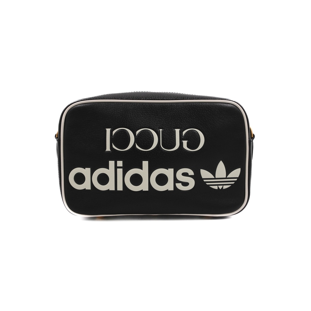 Gucci X ADIDAS Crystal Vintage Monogram Textured Dollar Calfskin Web Trefoil Logo Small Messenger Bag Black 702427