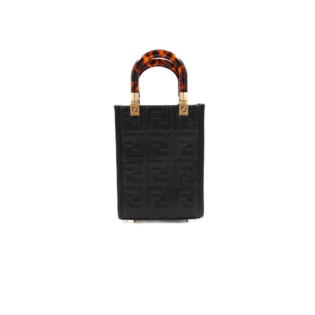 Fendi Vitello FF Embossed Mini Fendi Sunshine Shopper Tote Black