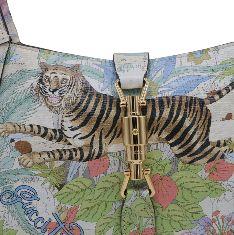 Gucci New Shangai Calfskin Tiger Savanah Small Jackie 1961 Hobo Chalky White Multicolor 636709