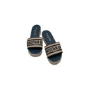 Christian Dior Dway Platform Slide Natural Raffia and Deep Blue Embroidered Cotton Size 37