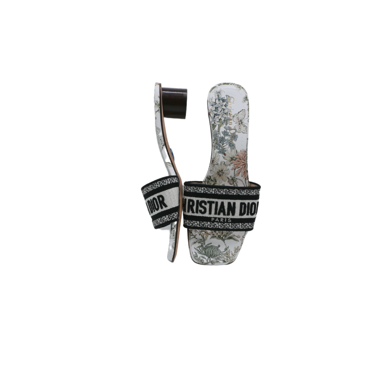 Christian Dior Dway Heeled Slide Cotton and White Multicolor Toile de Jouy Papillon Motit Size 37 1/2