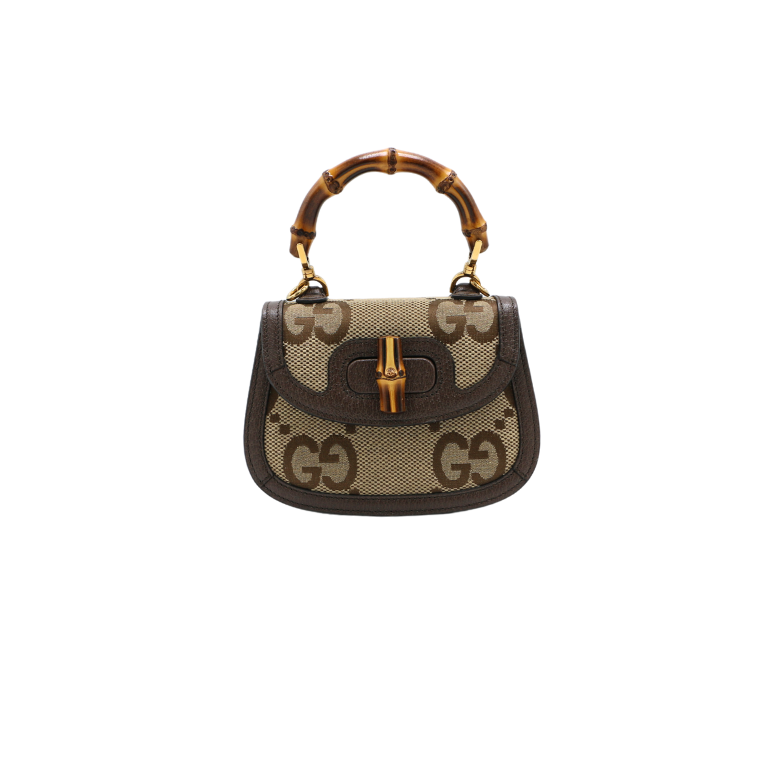 Gucci Bamboo 1947 Jumbo GG Canvas & Leather 2 Way Handbag Brown 686864
