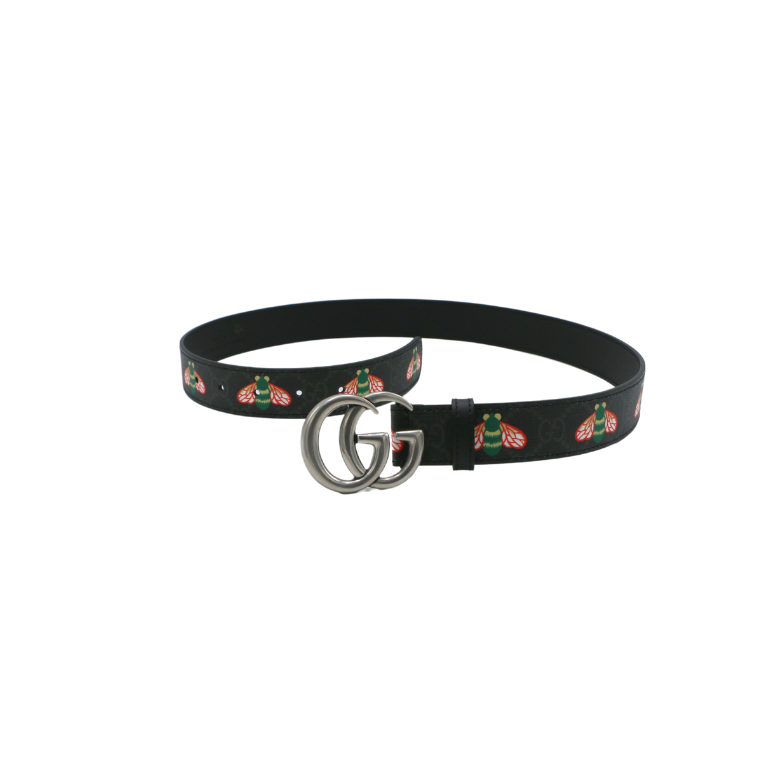 Gucci Bee Leather Slim Black Belt with Double G Buckle  414516 80 32