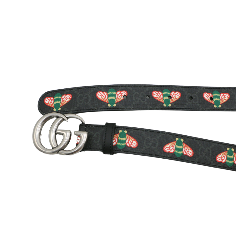 Gucci Bee Leather Slim Black Belt with Double G Buckle  414516 80 32