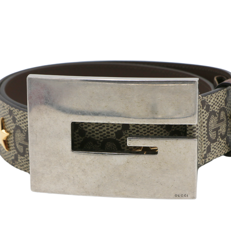 Gucci Star Wide Belt With Square G In Beige And Ebony Supreme Brown Size 80 32 710086