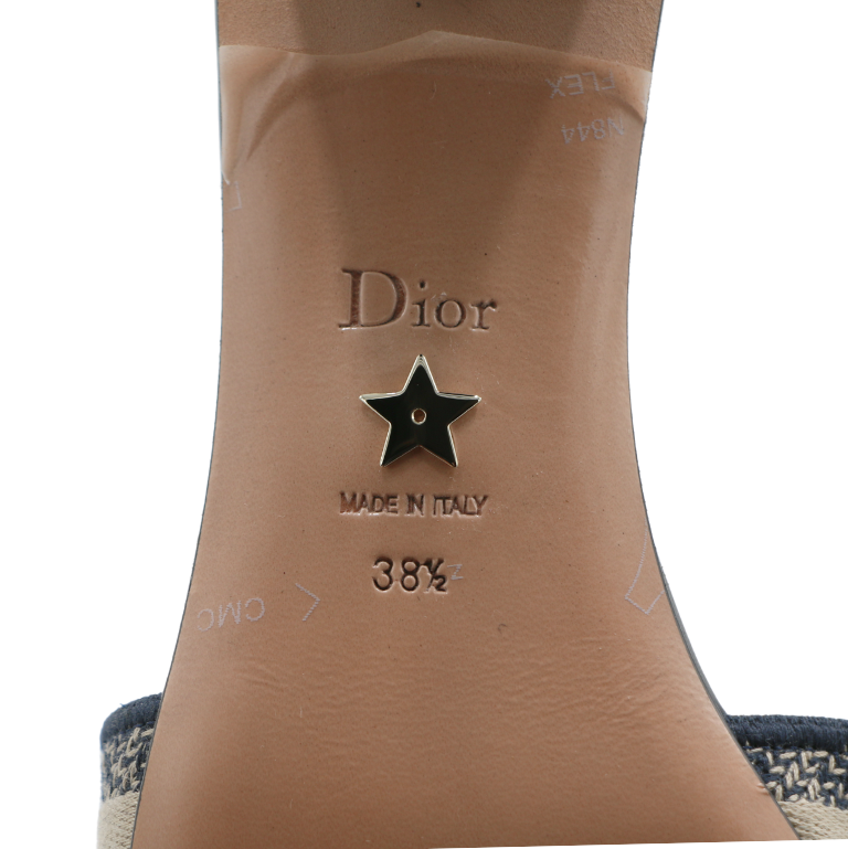Christian Dior Dway Heeled Slide Dark Blue Embroidered Cotton Size 38 1/2