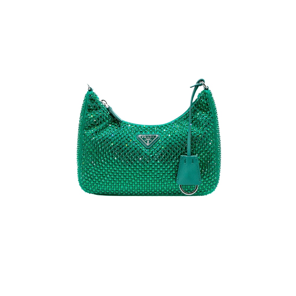 Prada Satin Crystal Re-Edition 2005 Green Shoulder Bag