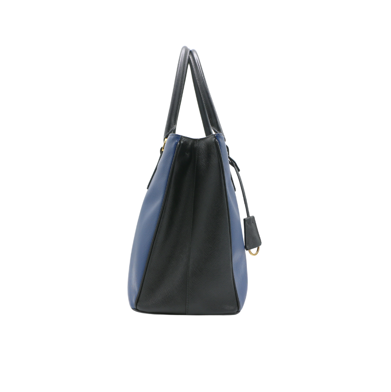 Prada Saffiano Lux Bi-Color Medium Tote Bluette Black