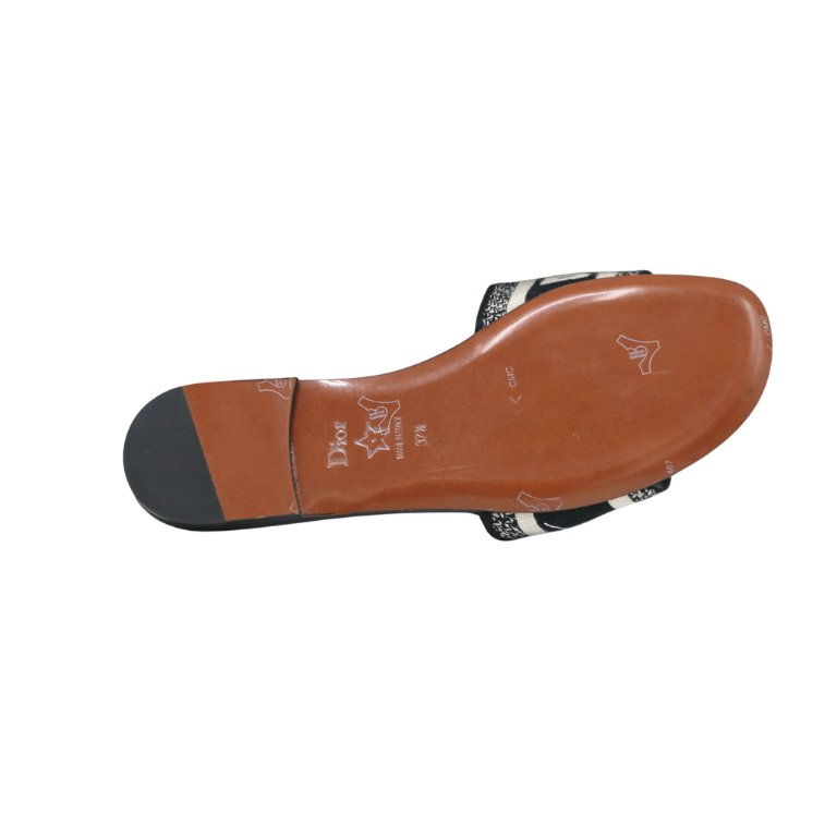 Christian Dior Dway Slide Black Embroidered Cotton In Size 37 1/2