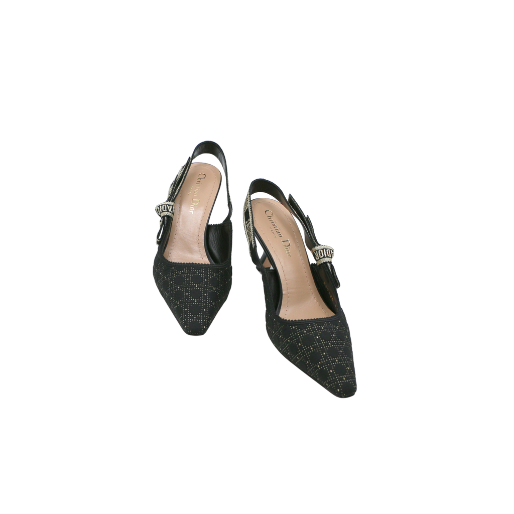 Christian Dior J'Adior Slingback Pump Black Microcannage Fabric Embroidered with Gold-Tone Size 36