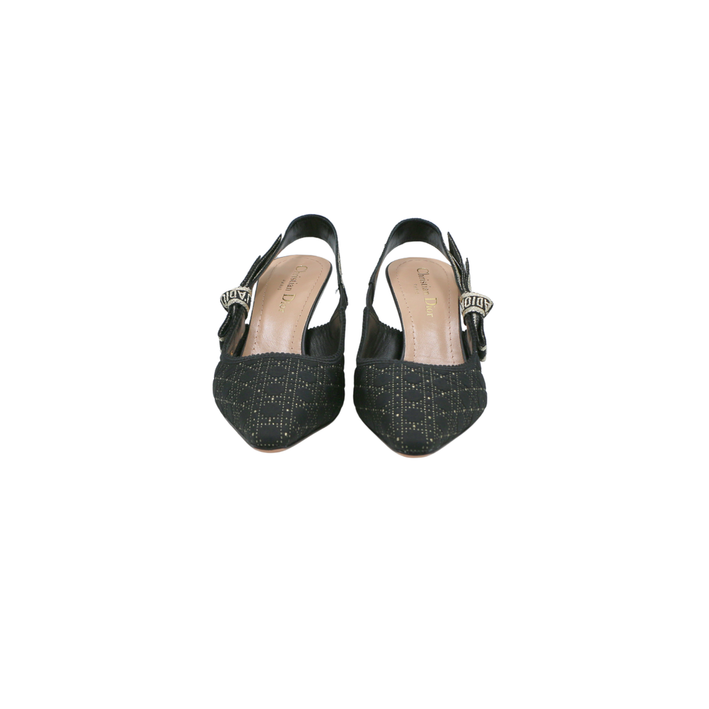 Christian Dior J'Adior Slingback Pump Black Microcannage Fabric Embroidered with Gold-Tone Size 36