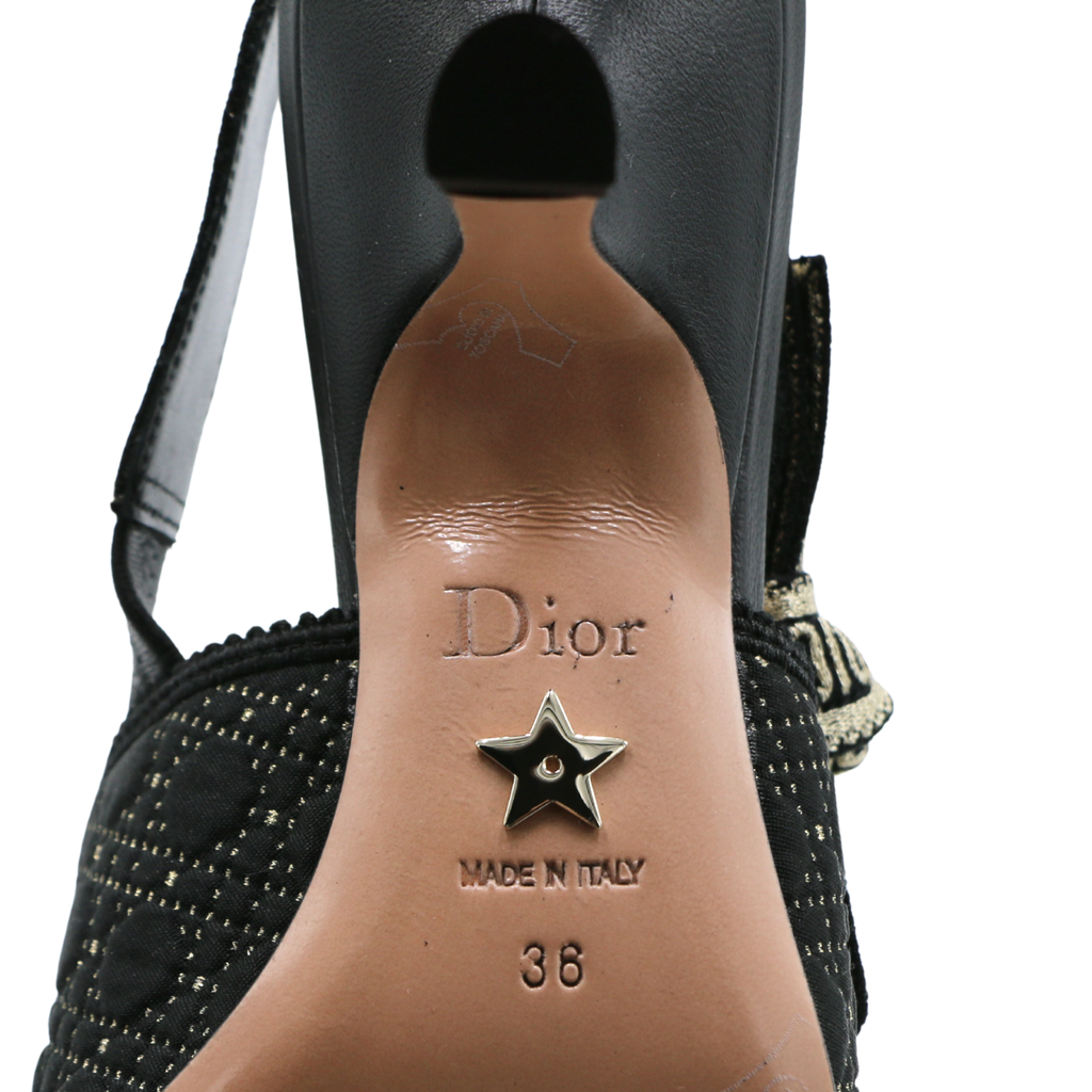 Christian Dior J'Adior Slingback Pump Black Microcannage Fabric Embroidered with Gold-Tone Size 36