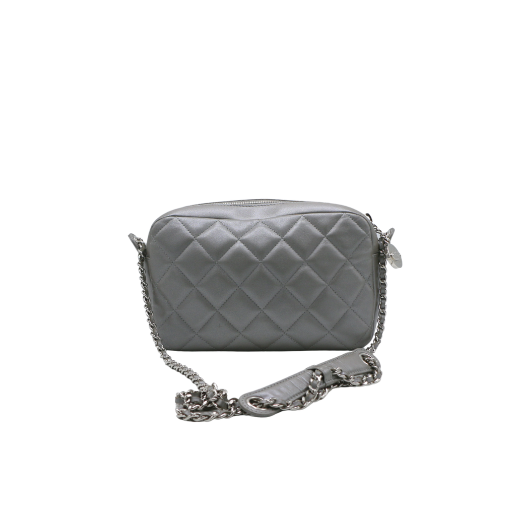 Chanel Metallic Lambskin Quilted Small Diamond CC Camera Case Dark Silver