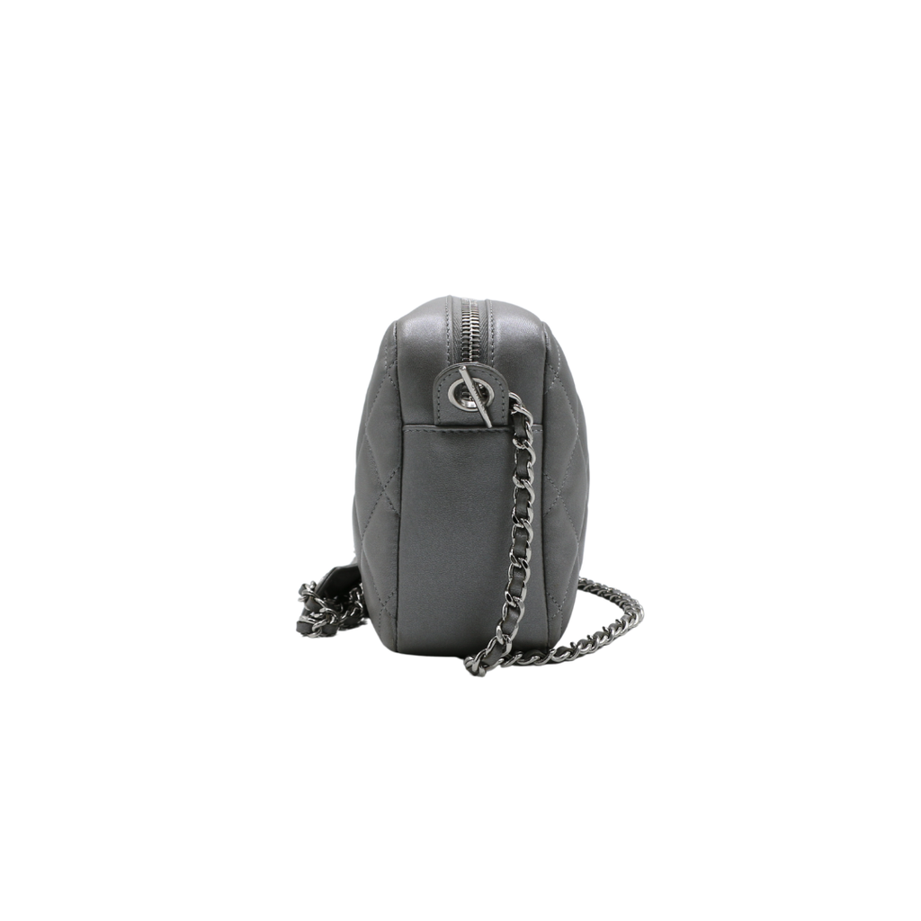 Chanel Metallic Lambskin Quilted Small Diamond CC Camera Case Dark Silver