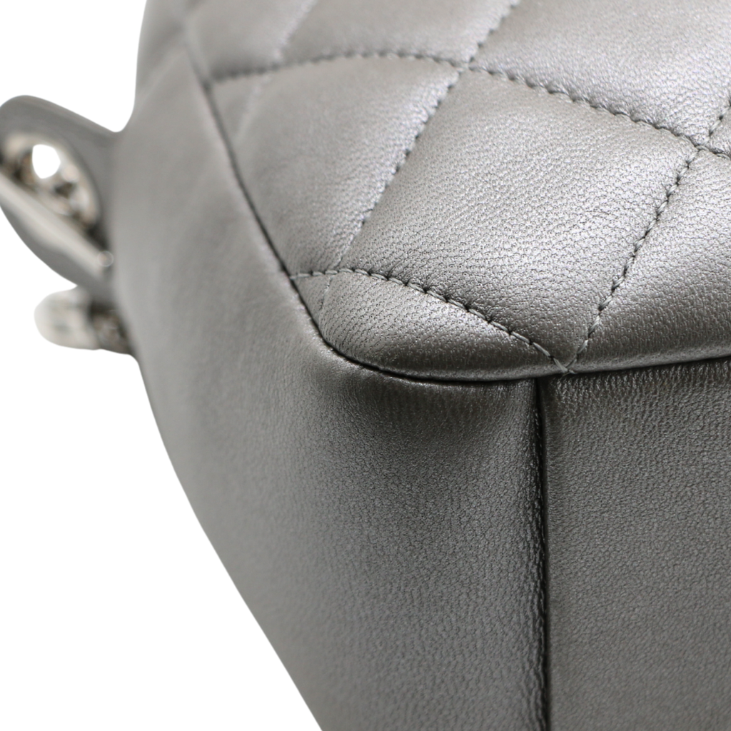 Chanel Metallic Lambskin Quilted Small Diamond CC Camera Case Dark Silver
