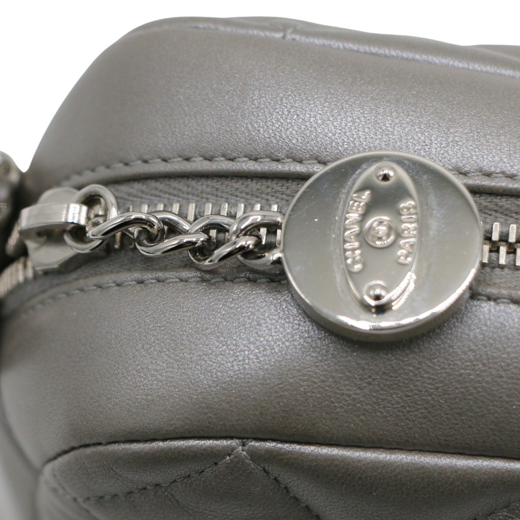 Chanel Metallic Lambskin Quilted Small Diamond CC Camera Case Dark Silver