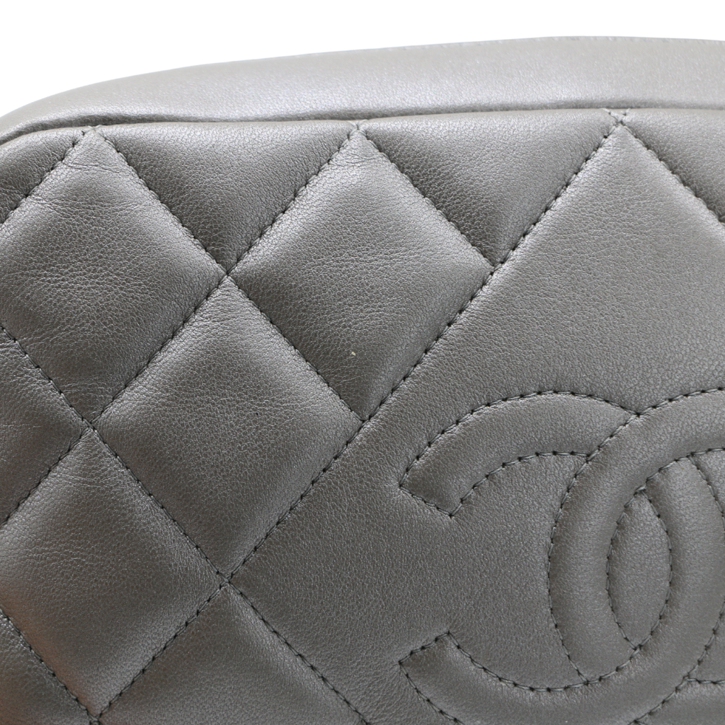 Chanel Metallic Lambskin Quilted Small Diamond CC Camera Case Dark Silver