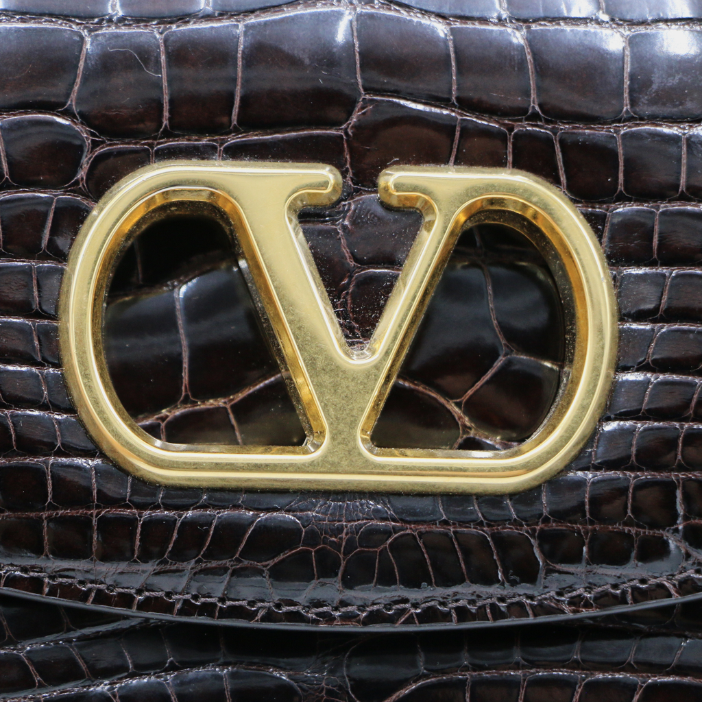 Valentino Garavani Vain Small Shoulder Bag In Crocodile Leather Brown