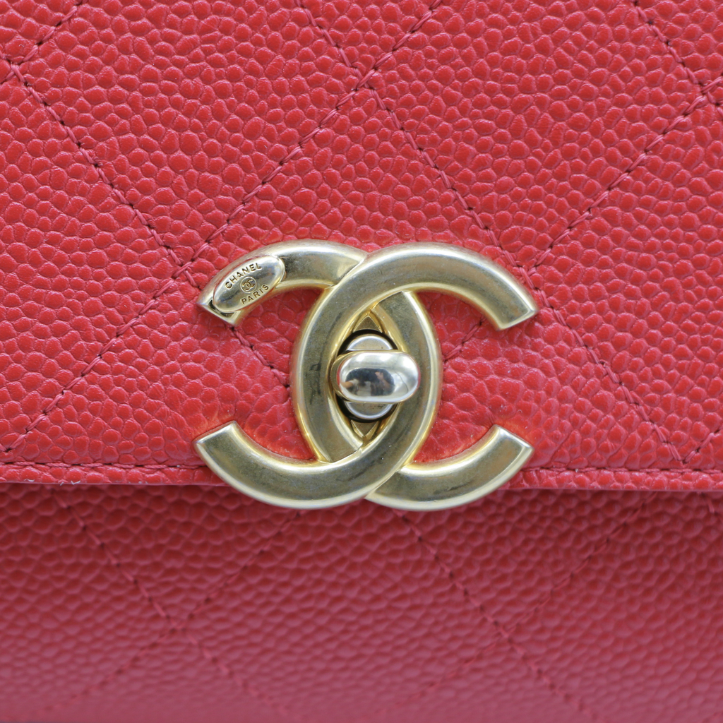 Chanel Grained Clafskin Stiched Flap Bag Red