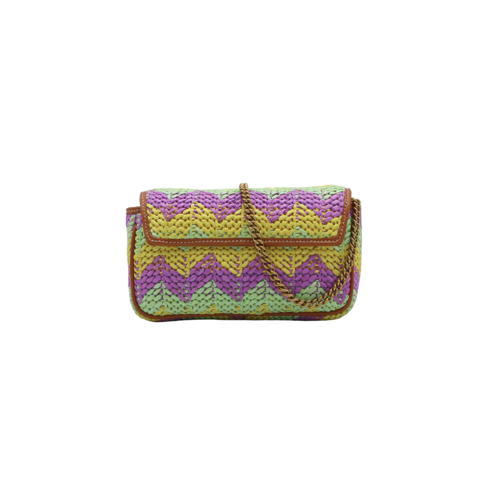 Gucci Woven Raffia Calfskin Super Mini GG Marmont Shoulder Bag Multicolor