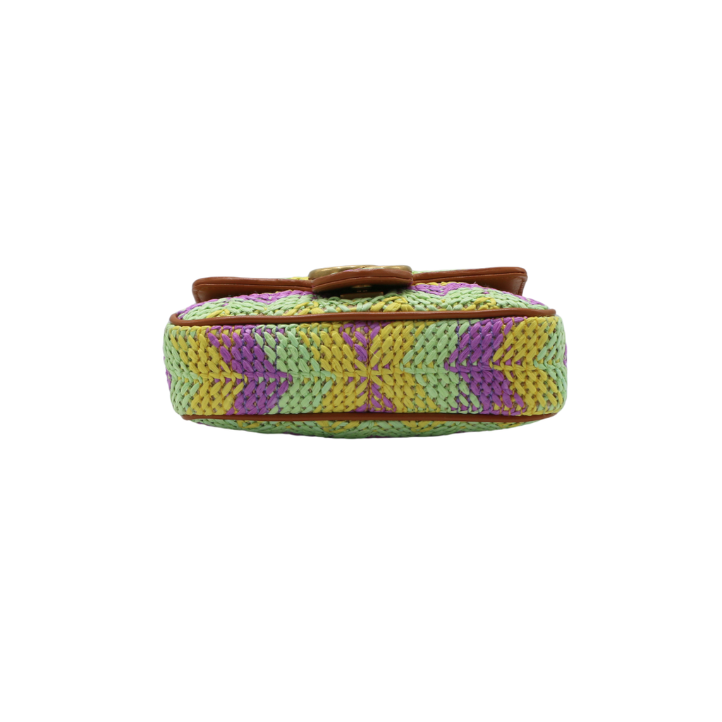 Gucci Woven Raffia Calfskin Super Mini GG Marmont Shoulder Bag Multicolor